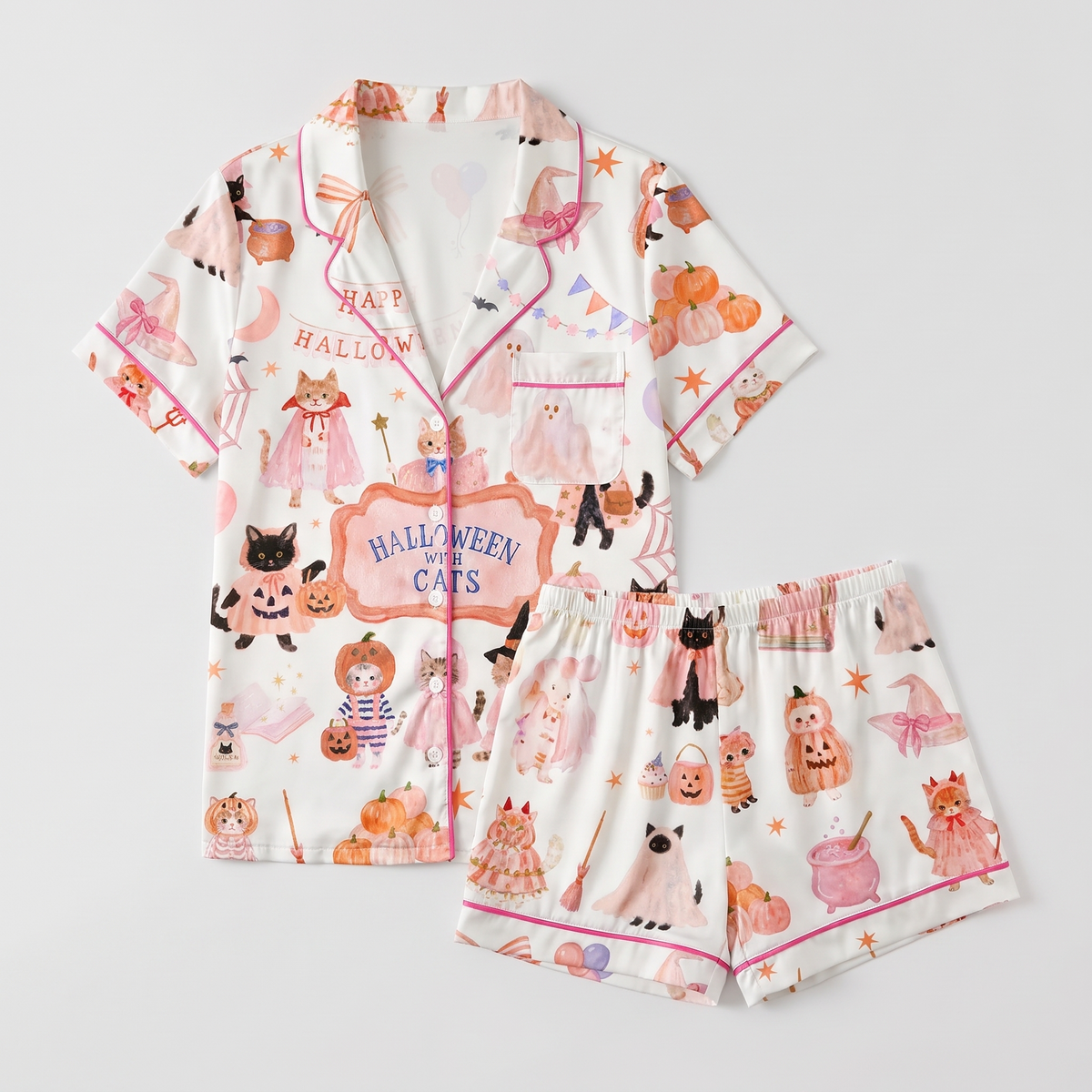 Pumpkin Patch Kittens Women's Pajama Set - flat lay