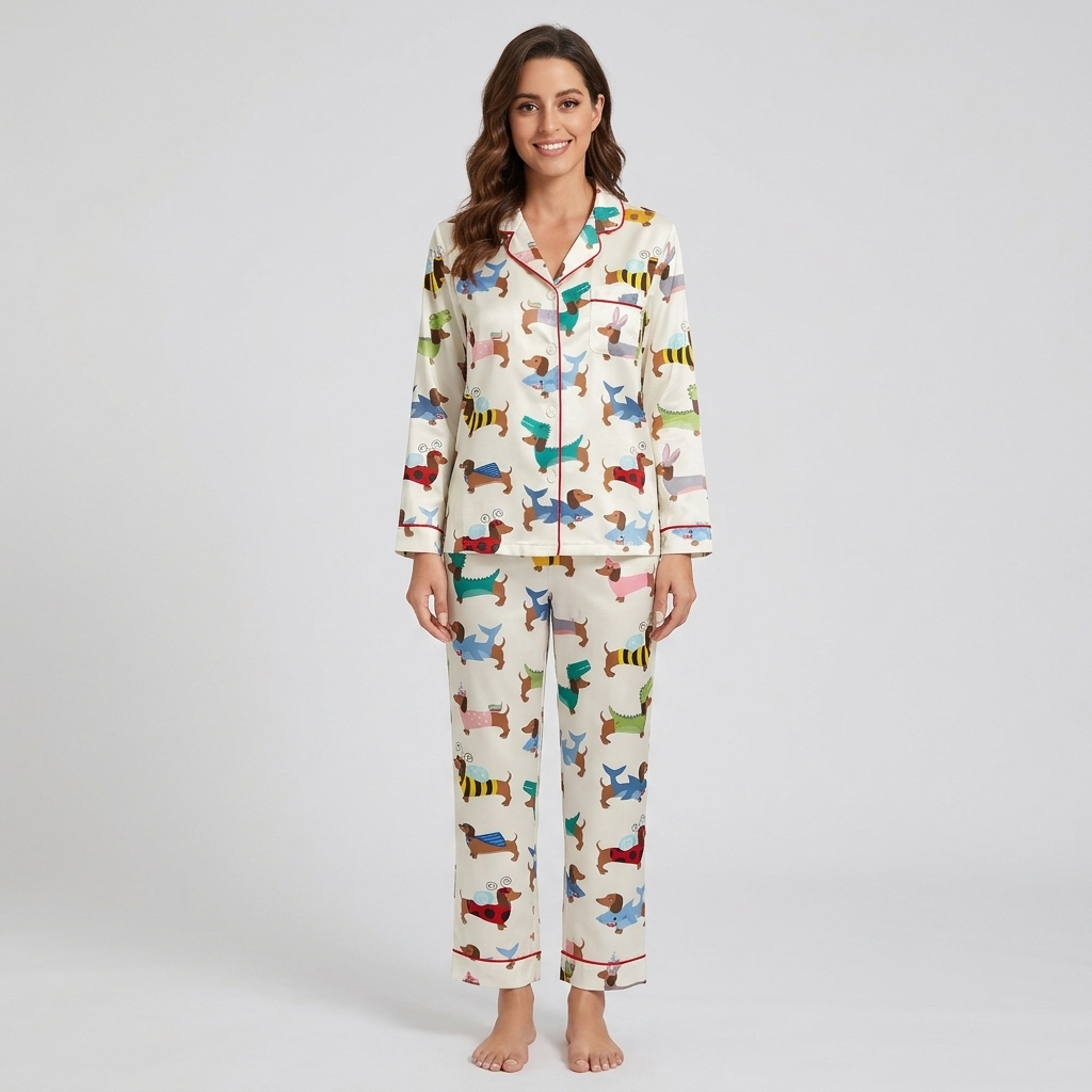 Women's satin pajama set with dachshunds in shark, bumblebee, ladybug and bunny costumes on white - long sleeve and pants