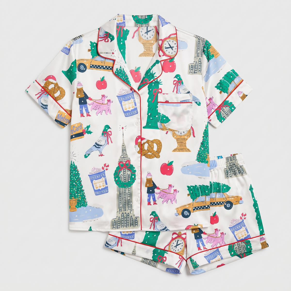 New York Christmas Doodles Women's Pajama Set - flat lay
