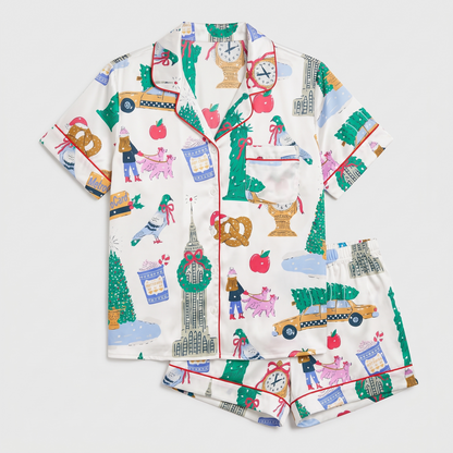 New York Christmas Doodles Women's Pajama Set - flat lay