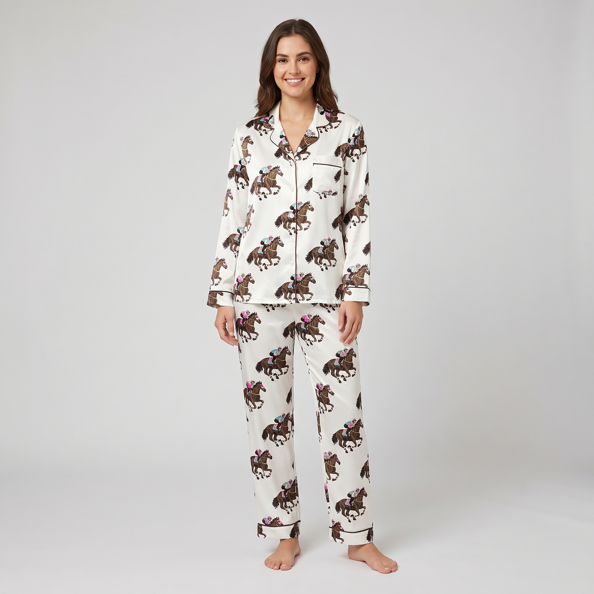 Pink Teal Silks Racing Horses Women's Pajama Set - long sleeve and pants
