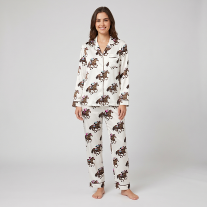 Pink Teal Silks Racing Horses Women's Pajama Set - long sleeve and pants