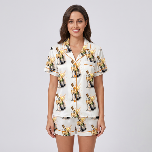 Gold Champagne Bottles Women's Pajama Set - short sleeve and shorts