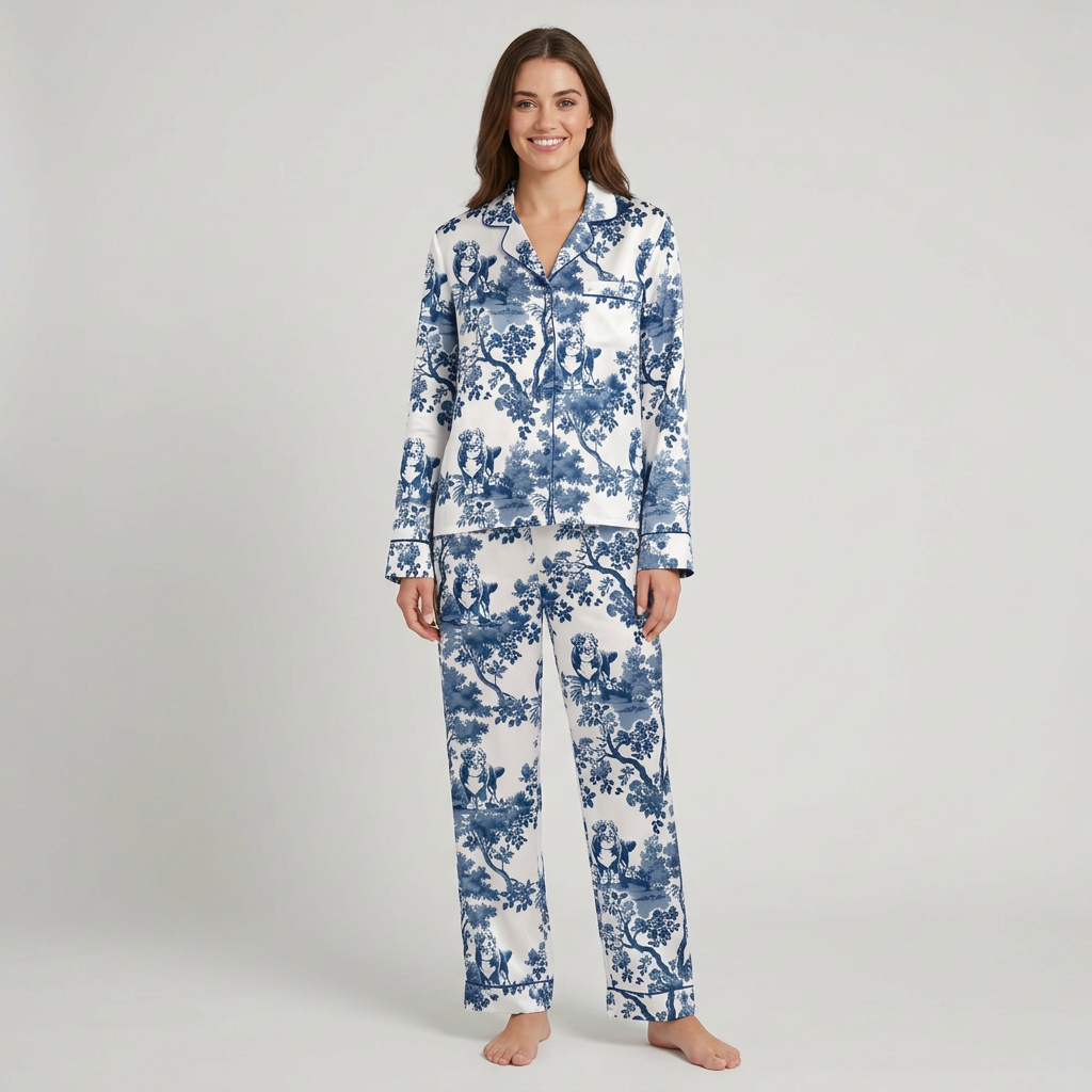Women's satin pajama set with Bernese mountain dogs in a navy blossom toile on white - long sleeve and pants