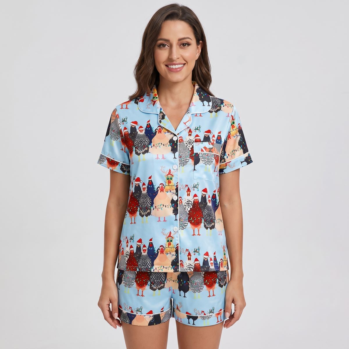 Christmas Chickens Women's Pajama Set - Light Blue