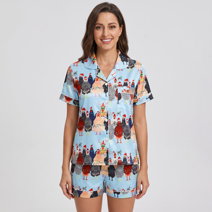 Christmas Chickens Women's Pajama Set - Light Blue