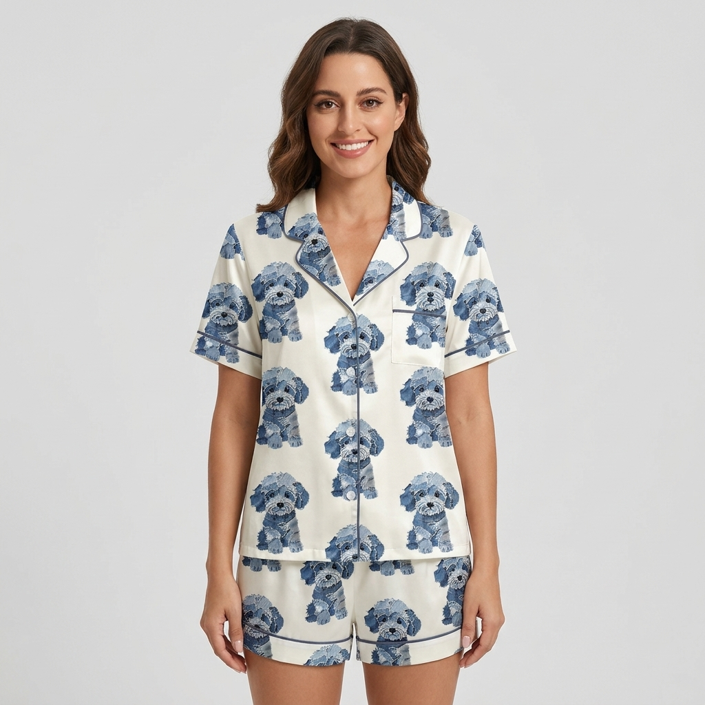 Women's satin pajama set with fluffy doodle pups in denim-textured blues in rows on white - short sleeve and shorts