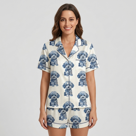 Women's satin pajama set with fluffy doodle pups in denim-textured blues in rows on white - short sleeve and shorts