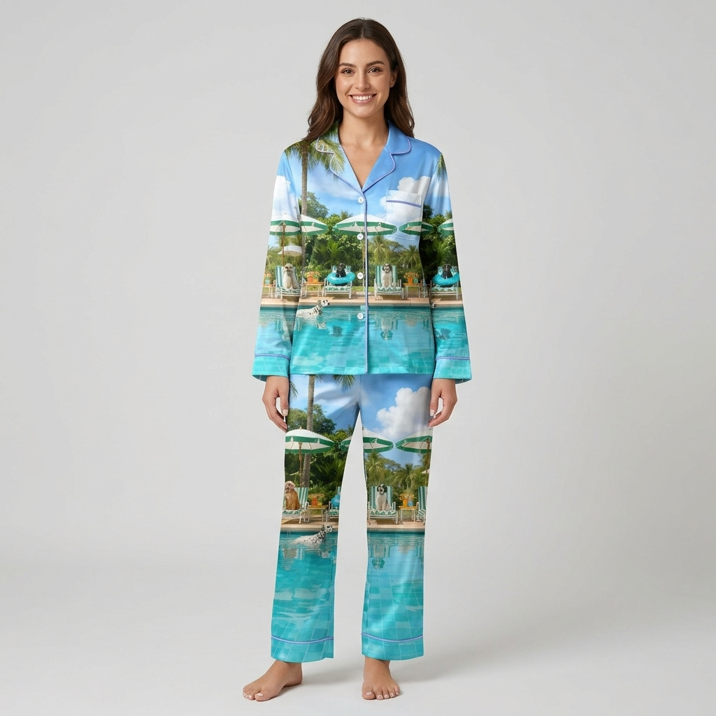 Women's satin pajama set with dogs on loungers under umbrellas by a turquoise pool with palm trees on light blue - long sleeve and pants