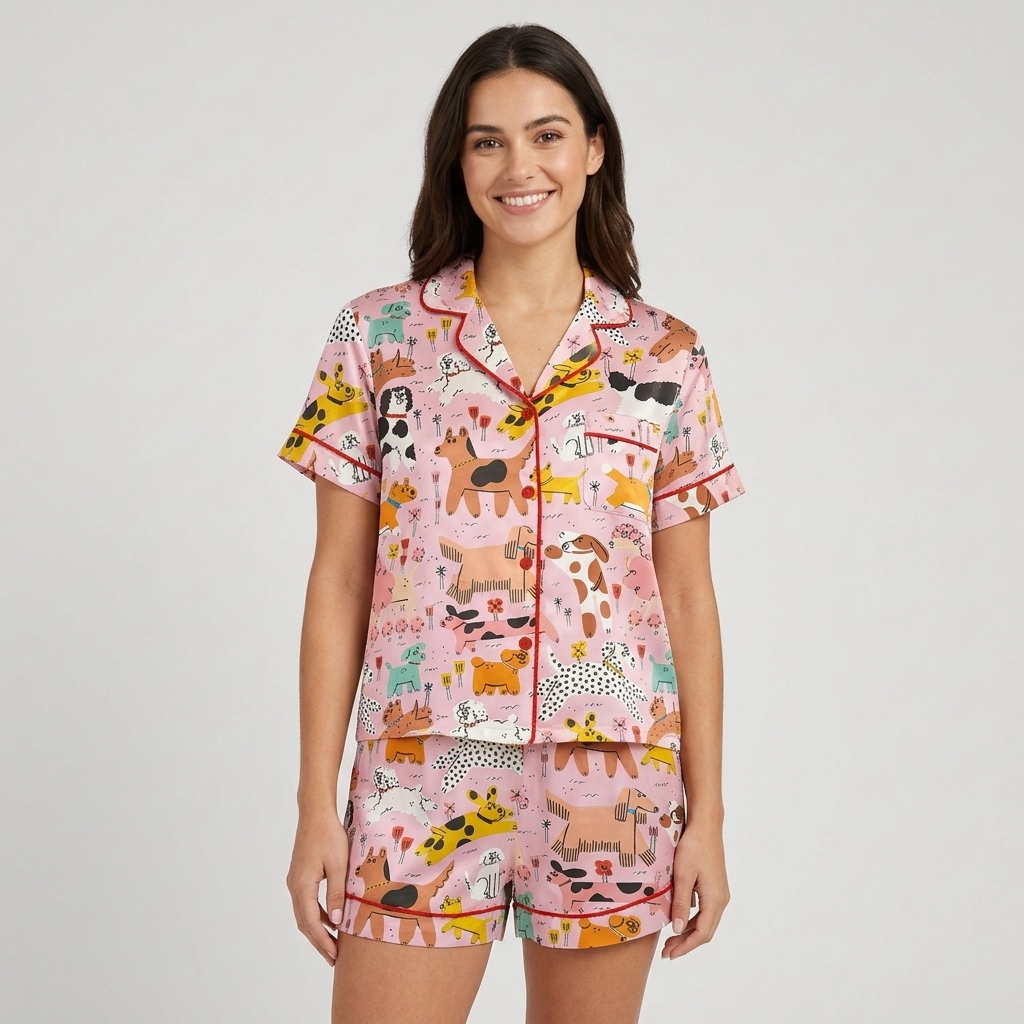 Sky Blue Dog Park Women's Pajama Set - Pink short sleeve and shorts