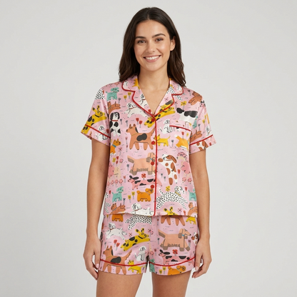 Sky Blue Dog Park Women's Pajama Set - Pink short sleeve and shorts