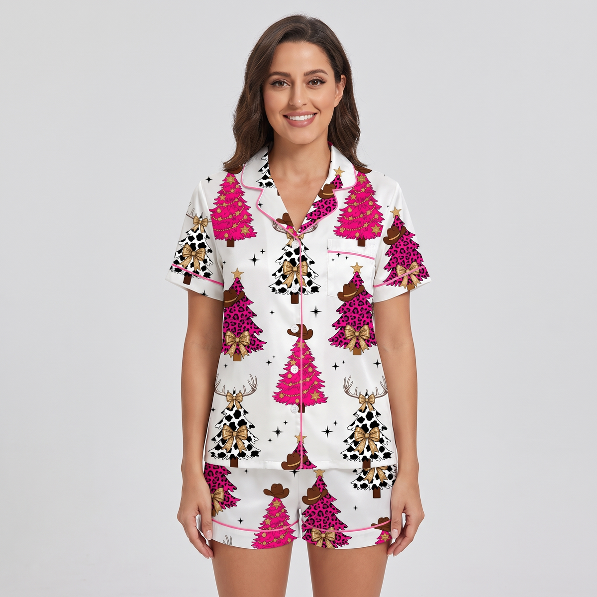 Leopard & Cow Print Trees Women's Pajama Set - short sleeve and shorts