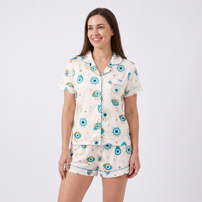 Lucky Evil Eye Women's Pajama Set - Cream - short sleeve and shorts