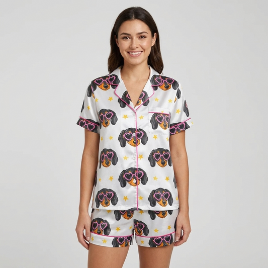 Women's satin pajama set with black-and-tan dachshund faces in pink heart sunglasses and gold stars on white - short sleeve and shorts