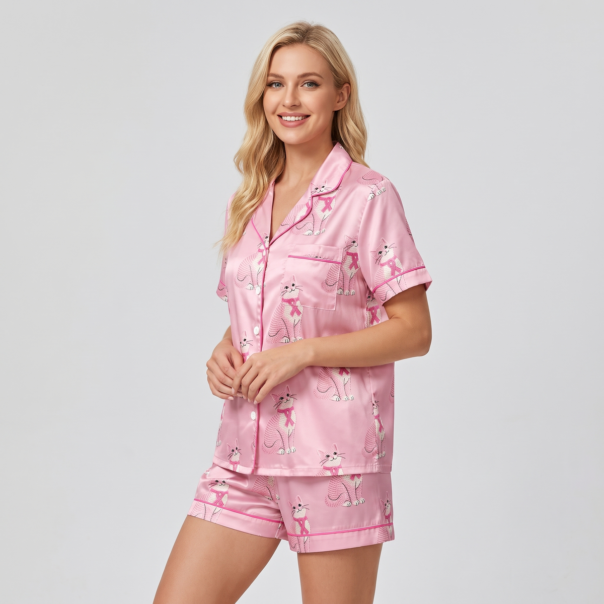 Pink Ribbon Cats Women's Pajama Set - short sleeve and shorts