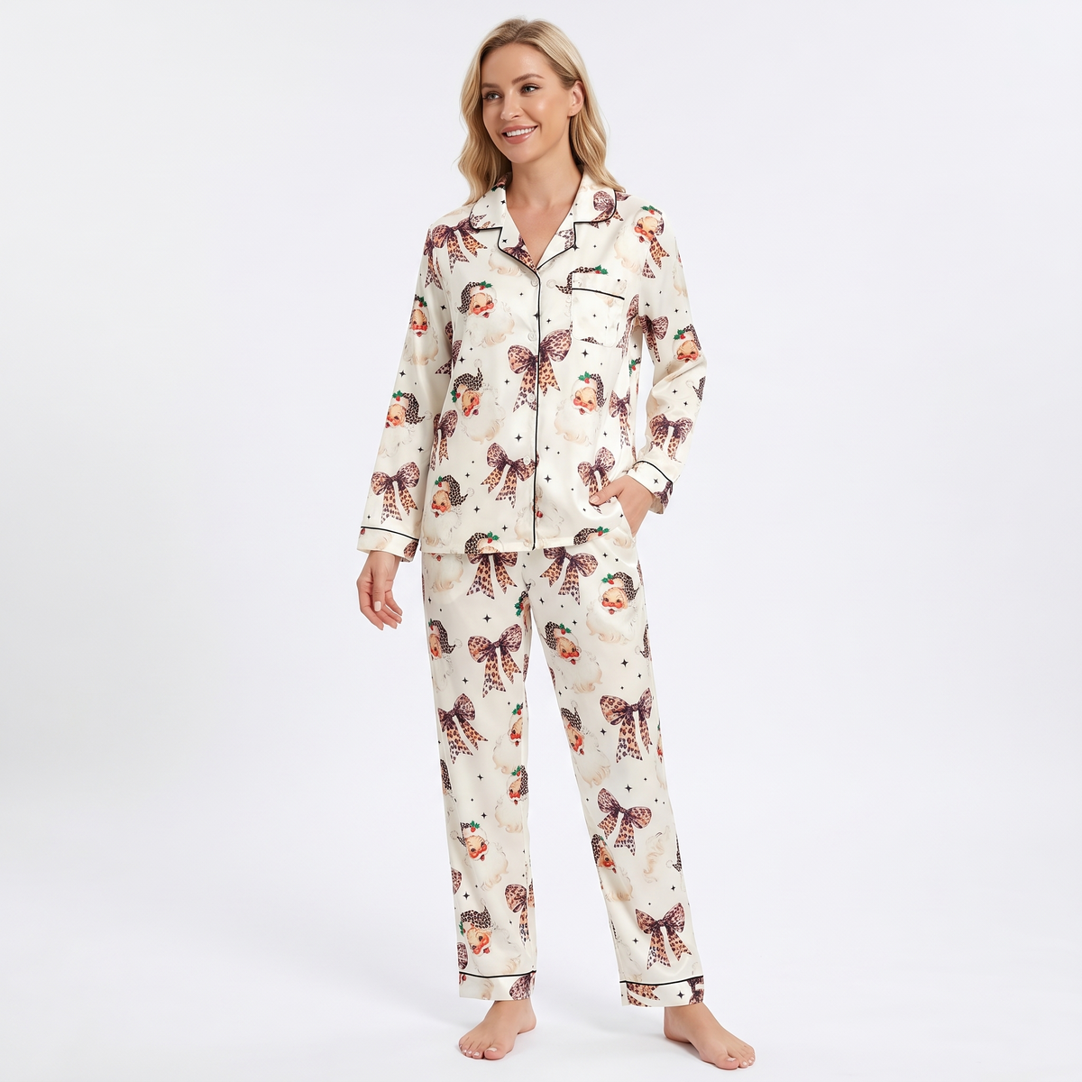 Leopard Bow Santa Women's Pajama Set - long sleeve and pants