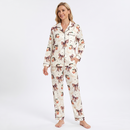 Leopard Bow Santa Women's Pajama Set - long sleeve and pants
