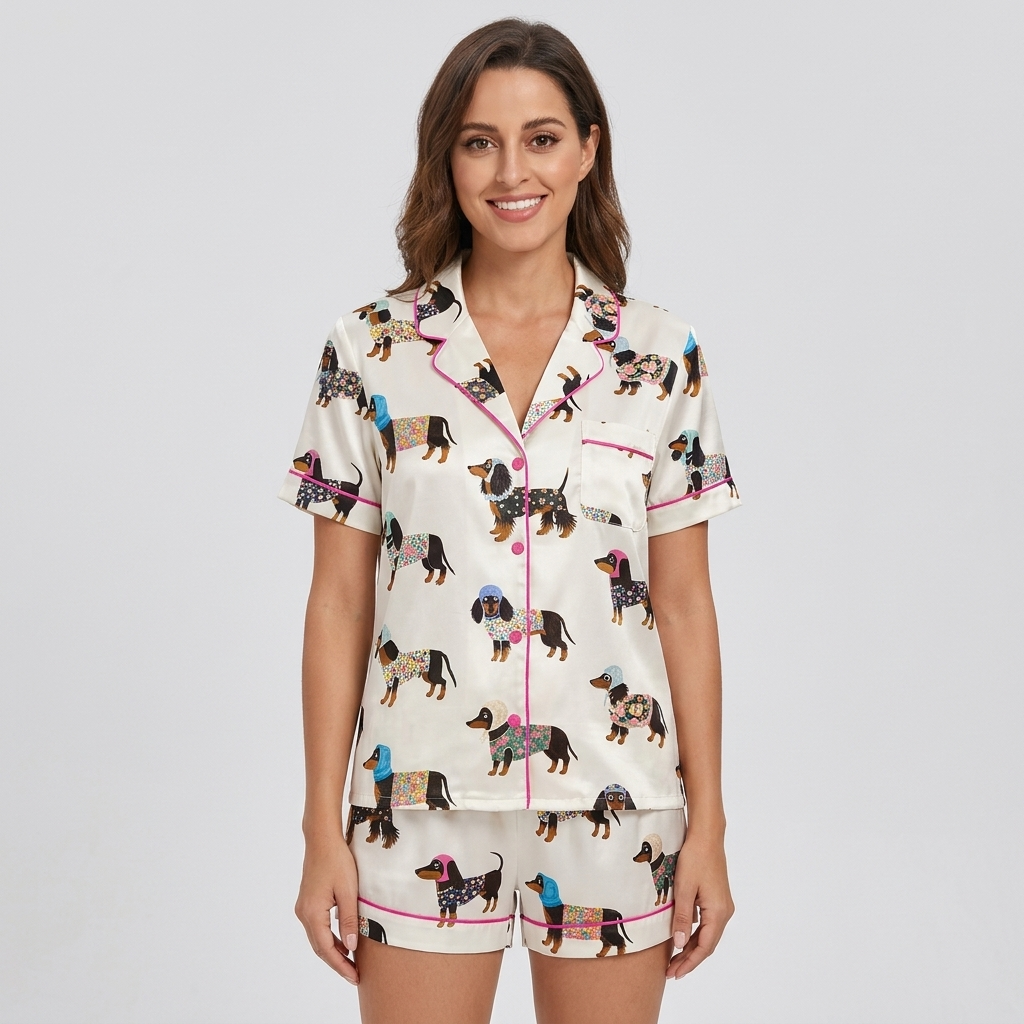 Women's satin pajama set with black-and-tan dachshunds in floral coats and knit hats on white - short sleeve and shorts