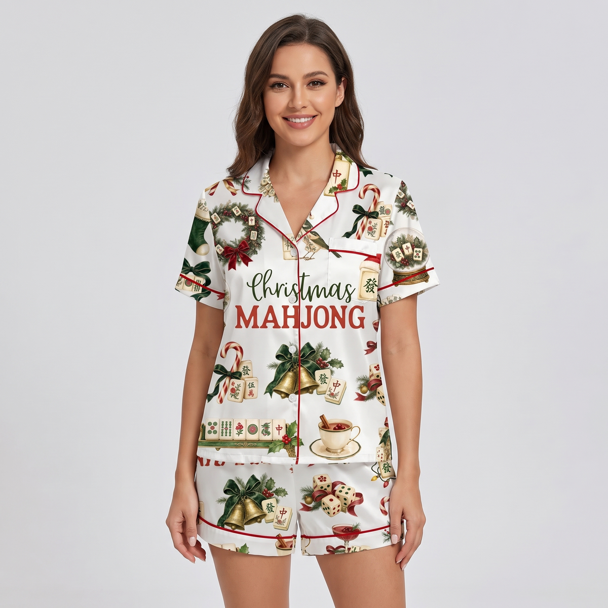 Christmas Mahjong Women's Pajama Set - short sleeve and shorts
