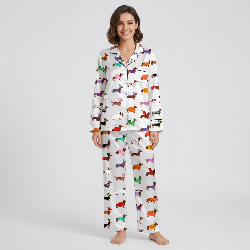 Women's satin pajama set with dachshunds in orange, teal, purple and red coats and costumes on white - long sleeve and pants