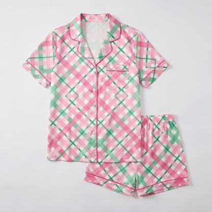 Pink Bias Plaid Women's Pajama Set - flat lay
