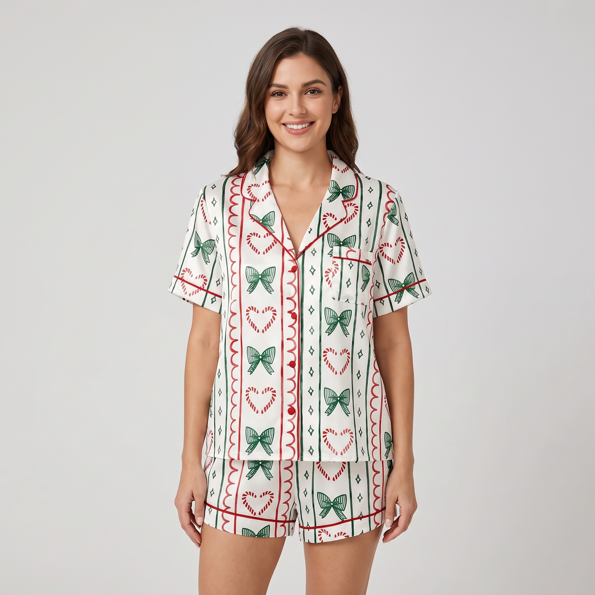 Candy Cane Stripes & Bows Women's Pajama Set - short sleeve and shorts
