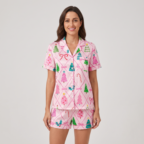 Pink Diamond Trees Women's Pajama Set - short sleeve and shorts