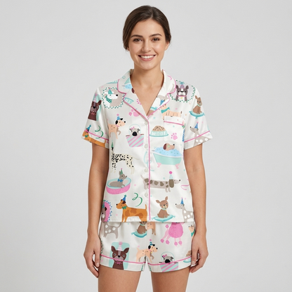 Women's satin pajama set with puppies in party hats, bubble baths and birthday cake in pink and mint - short sleeve and shorts
