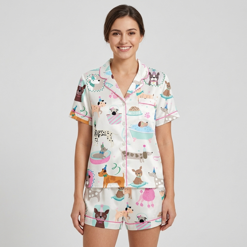 Women's satin pajama set with puppies in party hats, bubble baths and birthday cake in pink and mint - short sleeve and shorts
