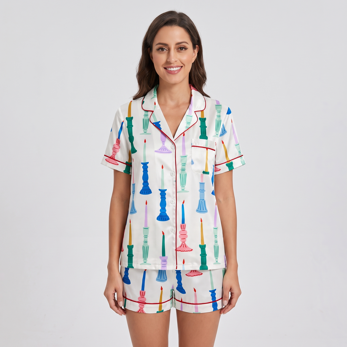 Christmas Candlesticks Women's Pajama Set - short sleeve and shorts