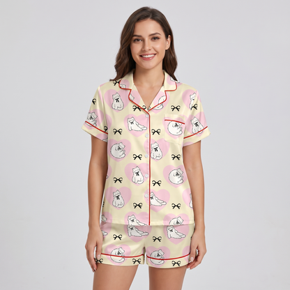 Heart Bow Kittens Women's Pajama Set - Beige