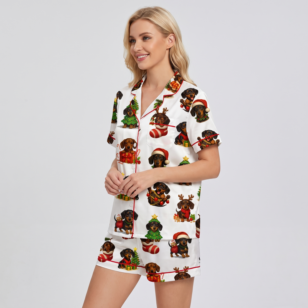 Dachshund Wreaths Women's Pajama Set - short sleeve and shorts