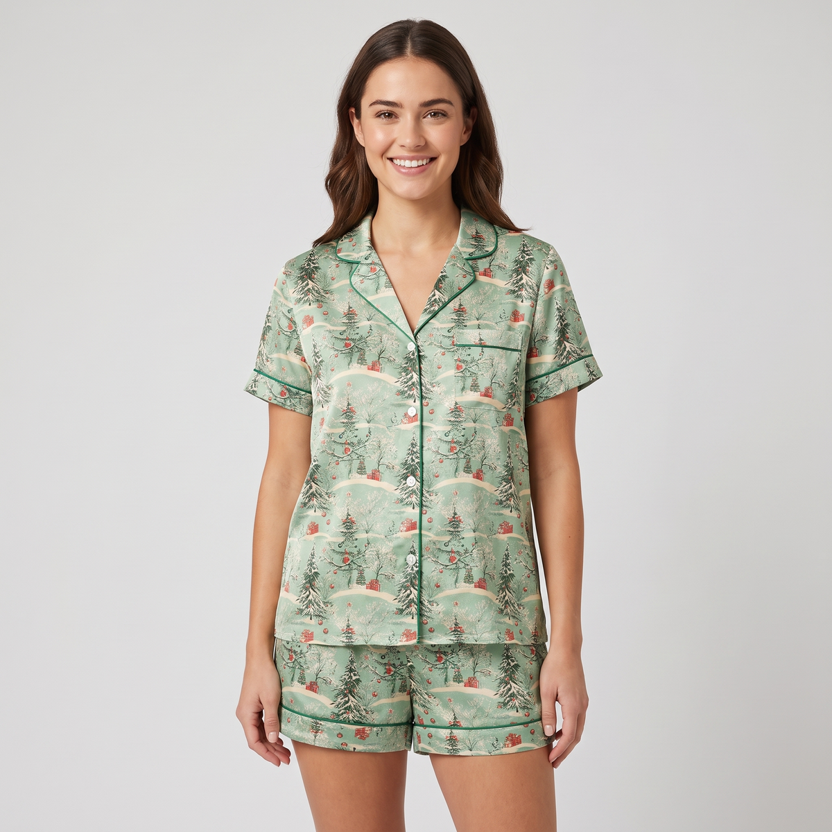 Sage Snowy Pines Women's Pajama Set - short sleeve and shorts