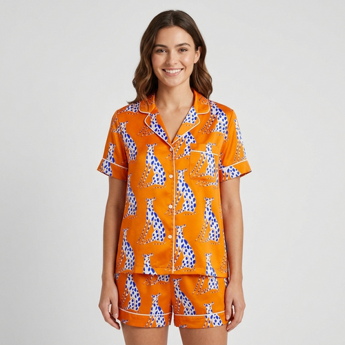 Women's satin pajama set with seated blue-spotted greyhounds on a bright tangerine orange background - short sleeve and shorts