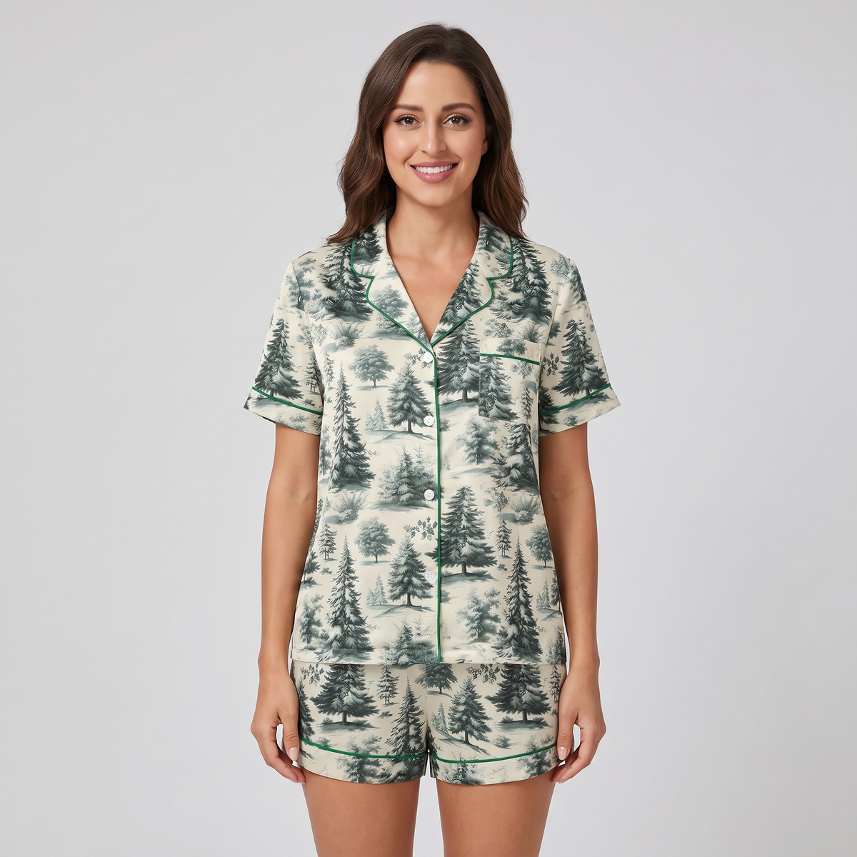 Green Toile Forest Women's Pajama Set - short sleeve and shorts