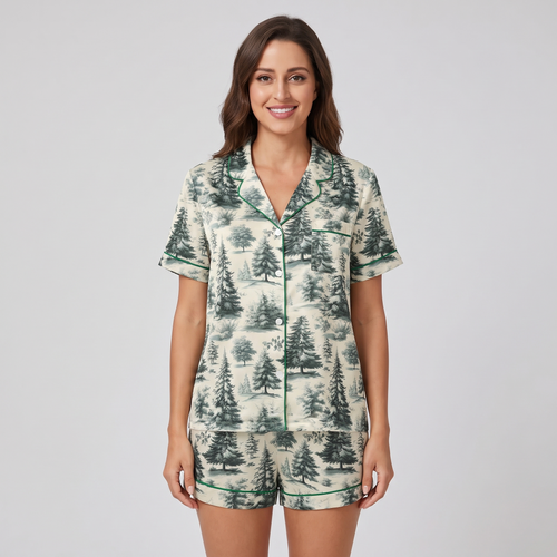 Green Toile Forest Women's Pajama Set - short sleeve and shorts