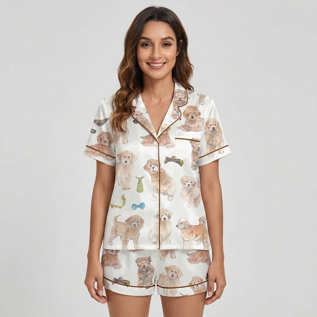Women's satin pajama set with watercolor goldendoodle puppies in sunglasses and bow ties on white - short sleeve and shorts