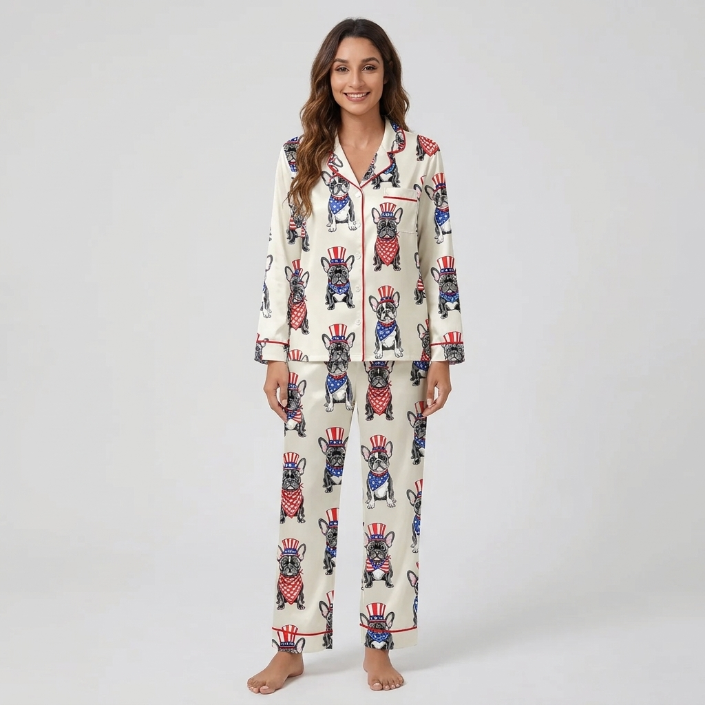 Women's satin pajama set with black French bulldogs in red, white and blue top hats and star bandanas on white - long sleeve and pants