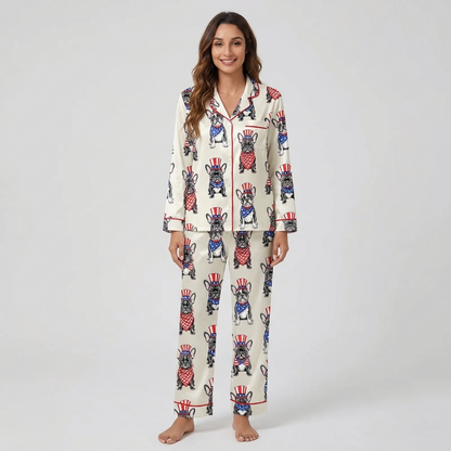 Women's satin pajama set with black French bulldogs in red, white and blue top hats and star bandanas on white - long sleeve and pants