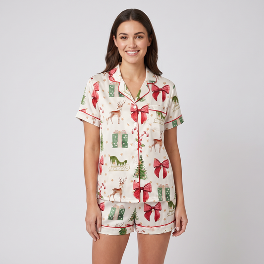 Reindeer & Sleigh Coquette Women's Pajama Set - short sleeve and shorts