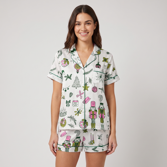 Vintage Nutcracker Line Art Women's Pajama Set - short sleeve and shorts