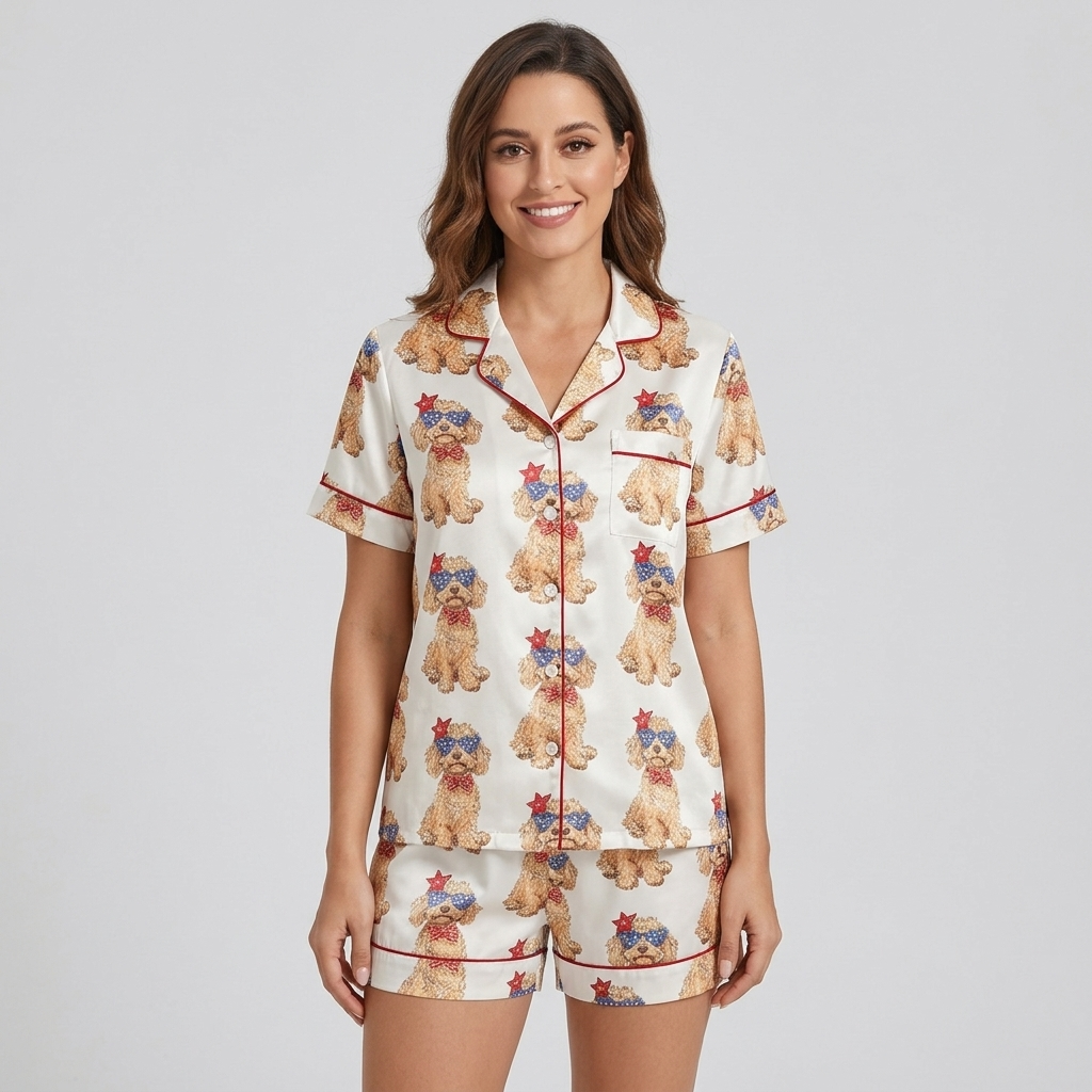 Women's satin pajama set with Goldendoodles in star sunglasses and red bandanas on white with red piping - short sleeve and shorts