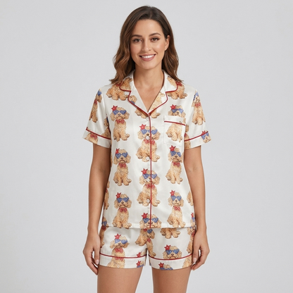 Women's satin pajama set with Goldendoodles in star sunglasses and red bandanas on white with red piping - short sleeve and shorts