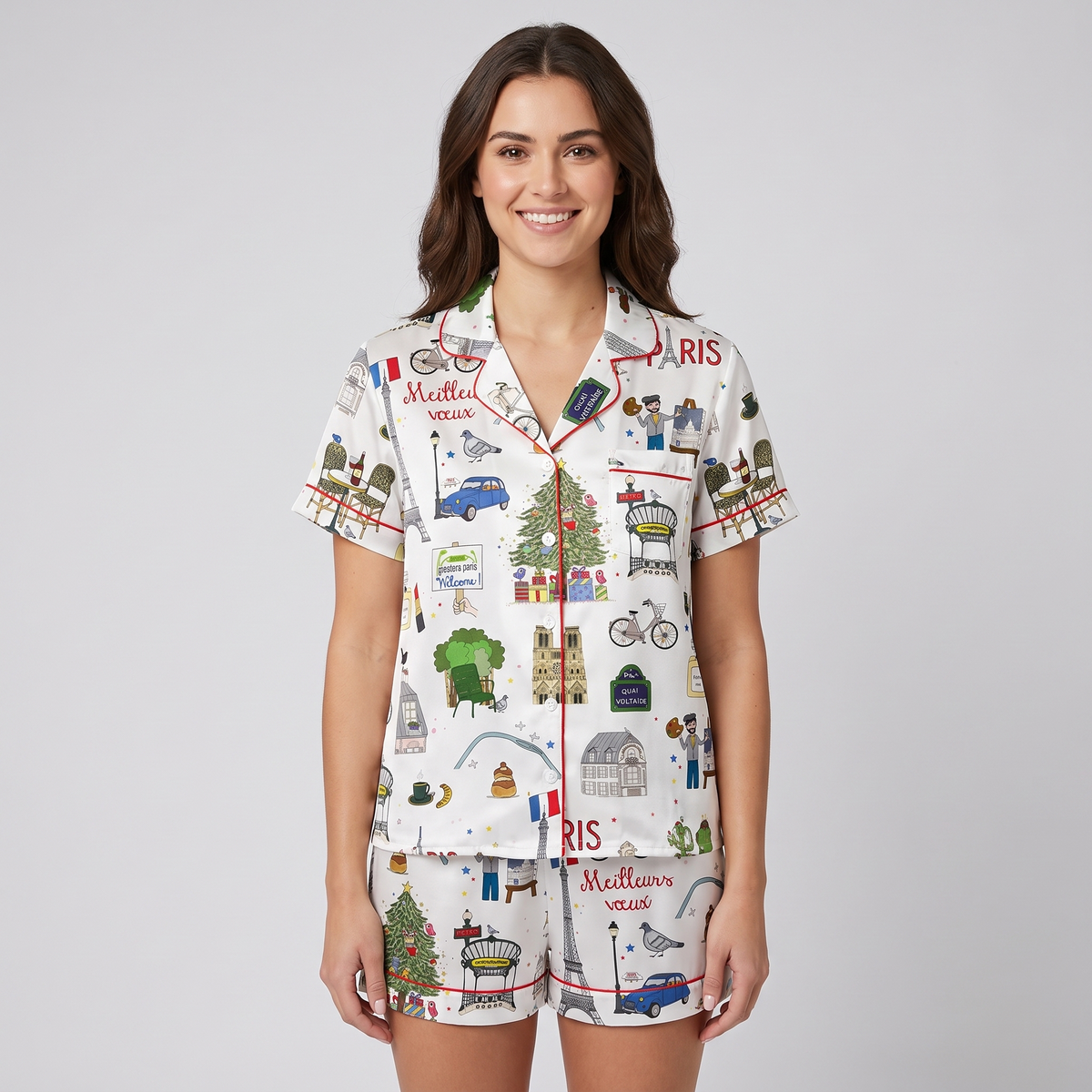 Paris Street Christmas Women's Pajama Set - short sleeve and shorts