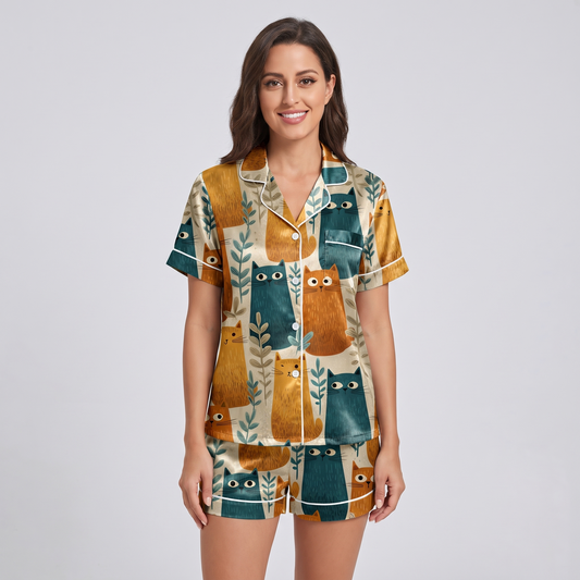 Leafy Folk Art Cats Women's Pajama Set - short sleeve and shorts