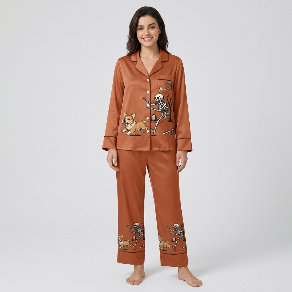 Women's satin pajama set with a skeleton chasing a corgi past a graveyard tree on rust brown - long sleeve and pants