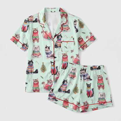 Christmas Sweater Cats Women's Pajama Set - flat lay