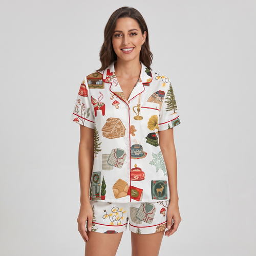 Cozy Cabin Christmas Women's Pajama Set - short sleeve and shorts