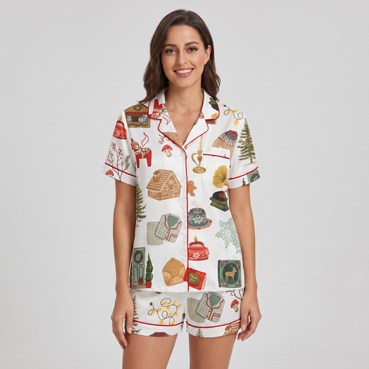 Cozy Cabin Christmas Women's Pajama Set - short sleeve and shorts