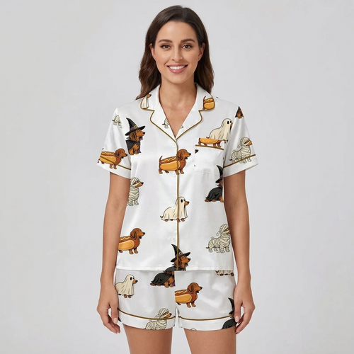 Women's satin pajama set with dachshunds dressed as witches, ghosts and mummies on white - short sleeve and shorts